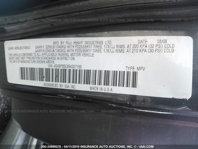 4S4BP85C894327169 - 2009 SUBARU OUTBACK 3.0R GRAY photo 9