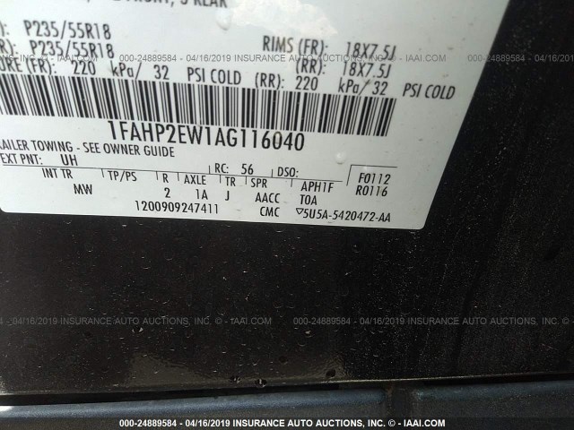 1FAHP2EW1AG116040 - 2010 FORD TAURUS SEL BLACK photo 9