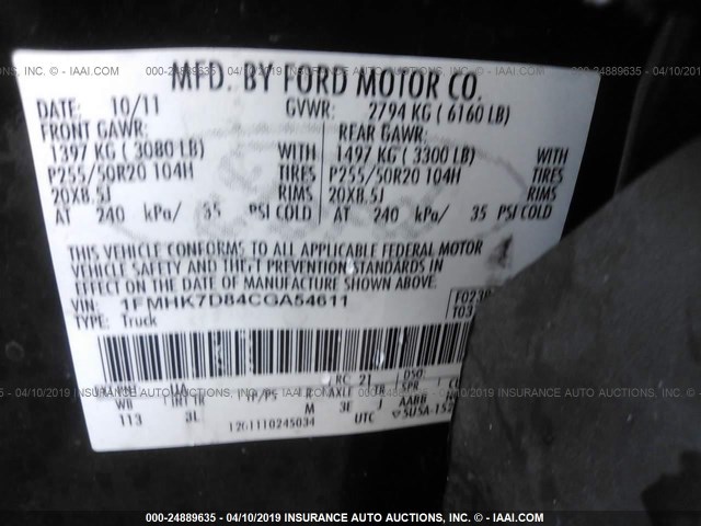 1FMHK7D84CGA54611 - 2012 FORD EXPLORER XLT BLACK photo 9