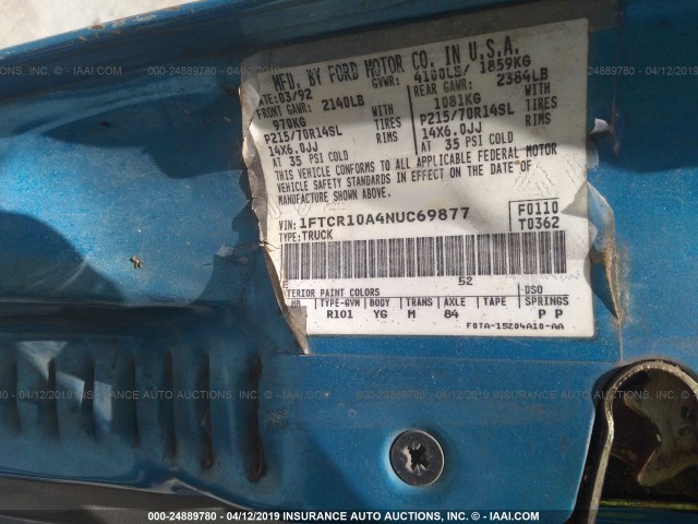 1FTCR10A4NUC69877 - 1992 FORD RANGER BLUE photo 9