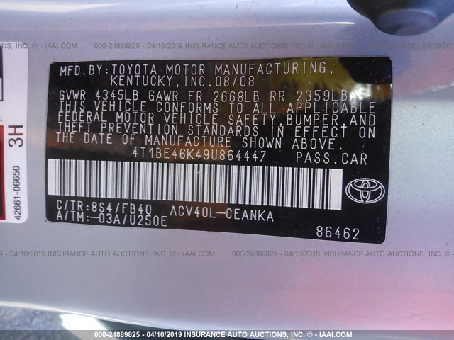 4T1BE46K49U864447 - 2009 TOYOTA CAMRY SE/LE/XLE Light Blue photo 9