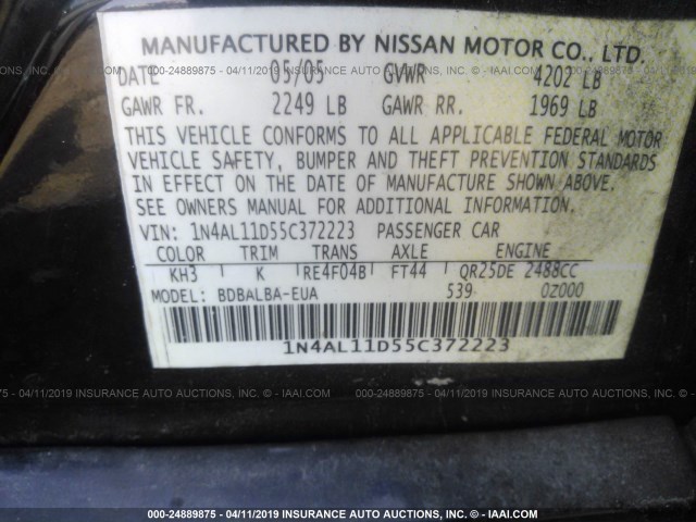 1N4AL11D55C372223 - 2005 NISSAN ALTIMA S/SL BLACK photo 9