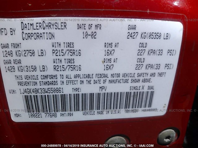 1J4GK48K33W550861 - 2003 JEEP LIBERTY SPORT/FREEDOM Կարմիր լուսանկար 9