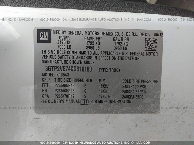 3GTP2VE74CG310180 - 2012 GMC SIERRA K1500 SLE WHITE photo 9