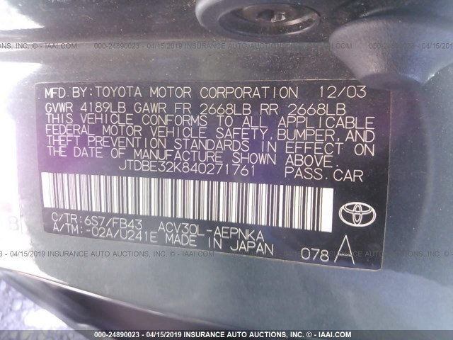 JTDBE32K840271761 - 2004 TOYOTA CAMRY LE/XLE GREEN photo 9