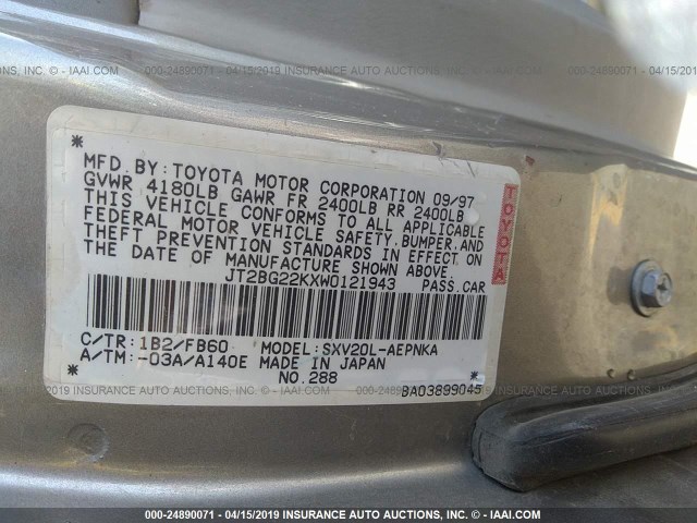 JT2BG22KXW0121943 - 1998 TOYOTA CAMRY CE/LE/XLE GRAY photo 9