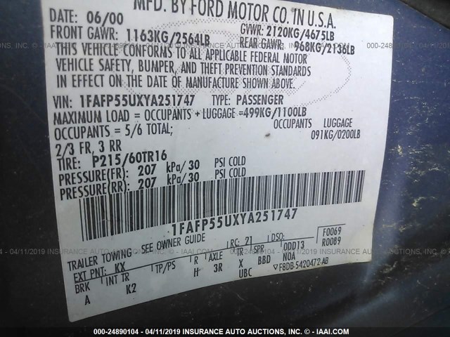 1FAFP55UXYA251747 - 2000 FORD TAURUS SES BLUE photo 9