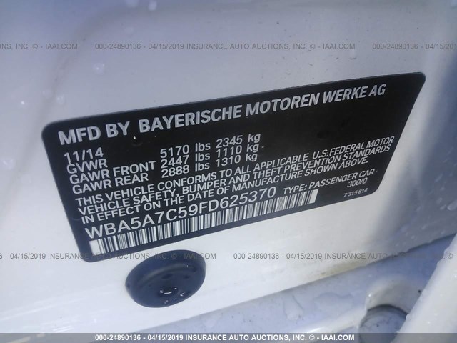 WBA5A7C59FD625370 - 2015 BMW 528 XI WHITE photo 9