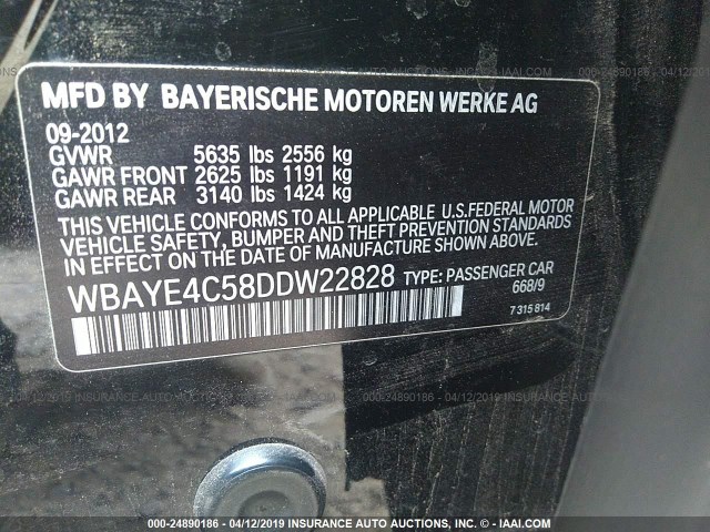 WBAYE4C58DDW22828 - 2013 BMW 740 LI BLACK photo 9