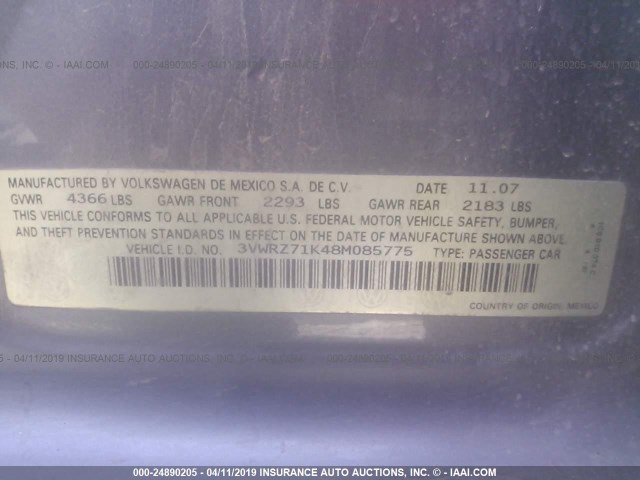 3VWRZ71K48M085775 - 2008 VOLKSWAGEN JETTA SE/SEL GRAY photo 9