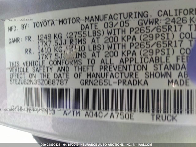 5TEJU62N35Z068787 - 2005 TOYOTA TACOMA DOUBLE CAB PRERUNNER SILVER photo 9