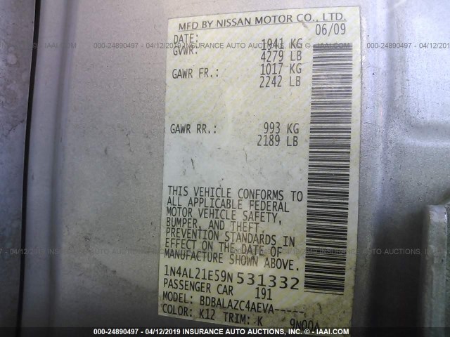 1N4AL21E59N531332 - 2009 NISSAN ALTIMA 2.5/2.5S SILVER photo 9