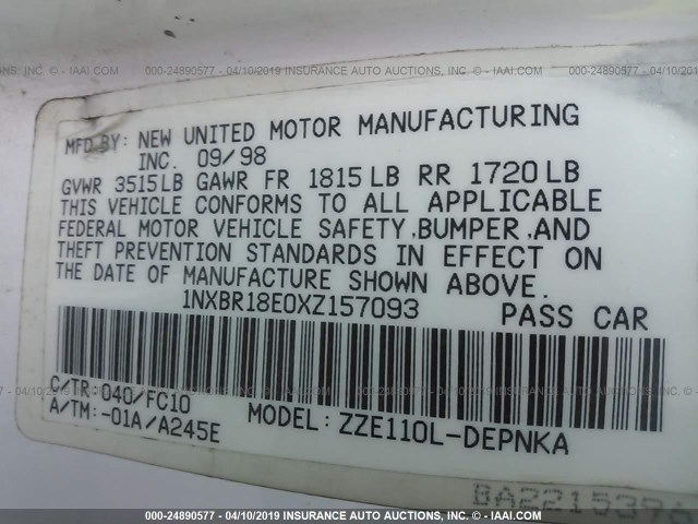 1NXBR18E0XZ157093 - 1999 TOYOTA COROLLA VE/CE/LE WHITE photo 9