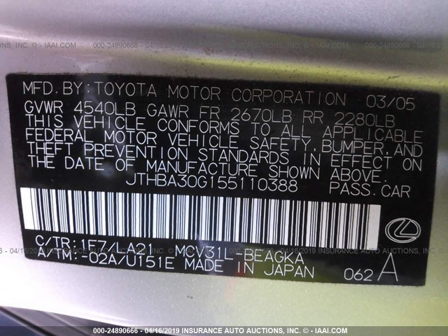 JTHBA30G155110388 - 2005 LEXUS ES 330 SILVER photo 9