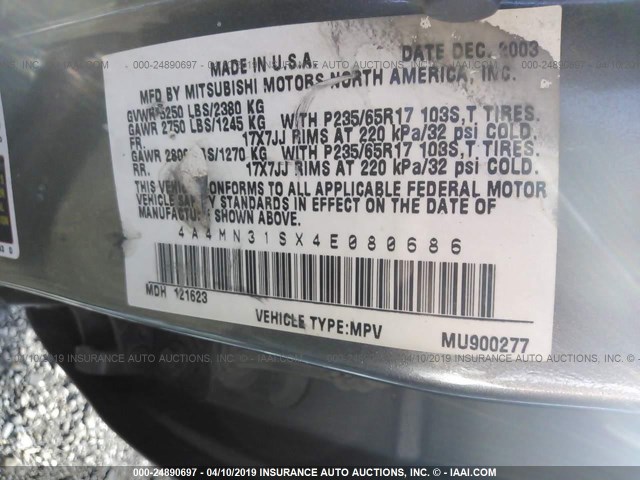 4A4MN31SX4E080686 - 2004 MITSUBISHI ENDEAVOR XLS GRAY photo 9