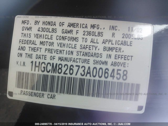 1HGCM82673A006458 - 2003 HONDA ACCORD EX BLACK photo 9