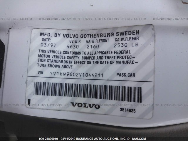 YV1KW9602V1044211 - 1997 VOLVO 960 WHITE photo 9