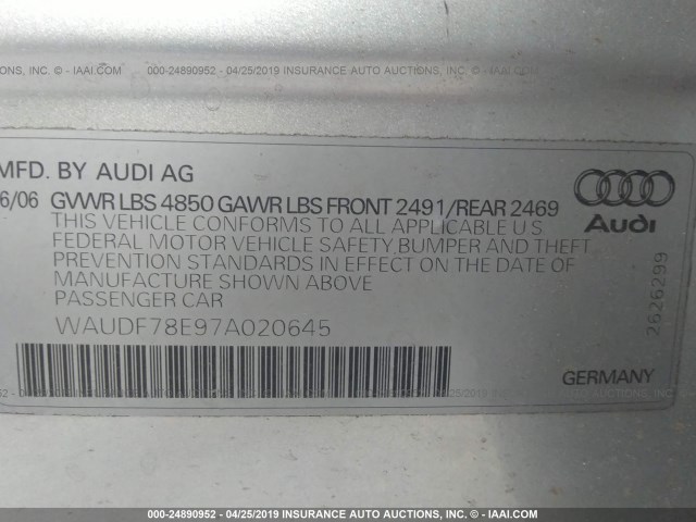 WAUDF78E97A020645 - 2007 AUDI A4 2.0T QUATTRO SILVER photo 9