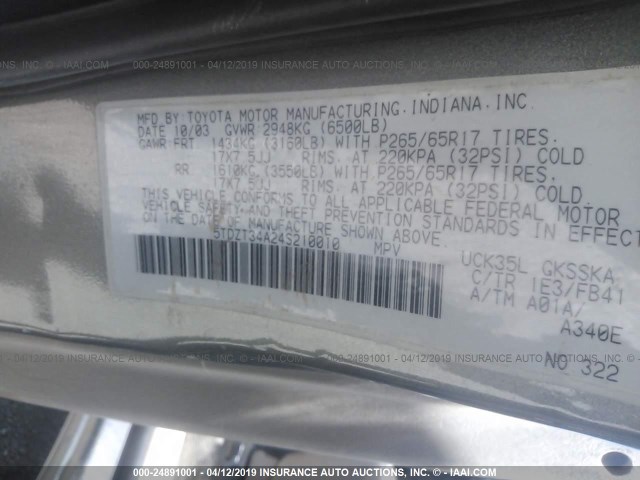 5TDZT34A24S210010 - 2004 TOYOTA SEQUOIA SR5 GRAY photo 9