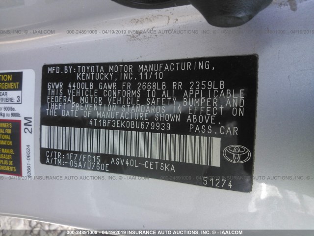 4T1BF3EK0BU679939 - 2011 TOYOTA CAMRY SE/LE/XLE SILVER photo 9