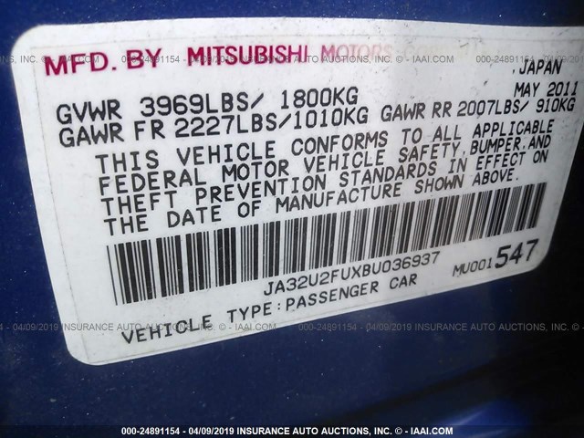 JA32U2FUXBU036937 - 2011 MITSUBISHI LANCER ES/ES SPORT BLUE photo 9