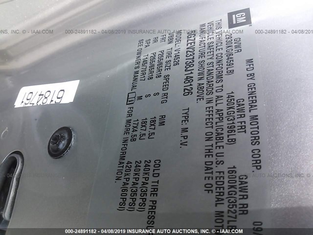 5GZEV23738J148126 - 2008 SATURN OUTLOOK XR ვერცხლისფერი ფოტო 9