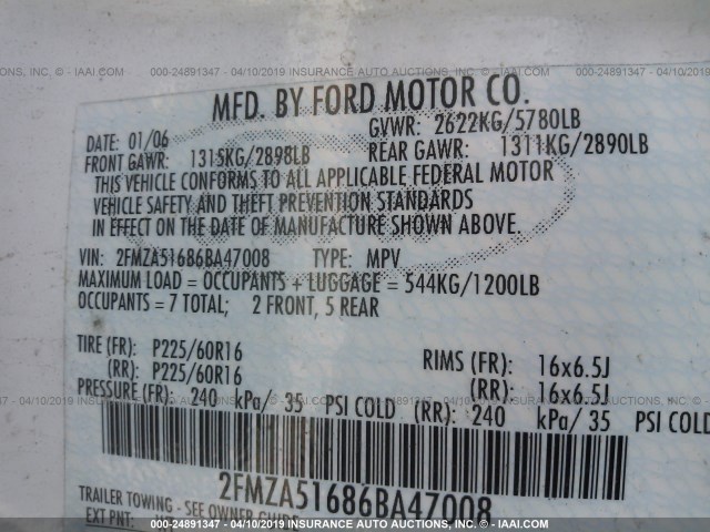 2FMZA51686BA47008 - 2006 FORD FREESTAR SE WHITE photo 9