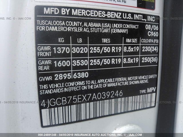 4JGCB75EX7A039246 - 2007 MERCEDES-BENZ R 500 WHITE photo 9