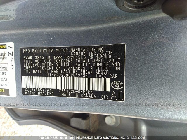 2T1KR32E96C612138 - 2006 TOYOTA COROLLA MATRIX  Light Blue photo 9