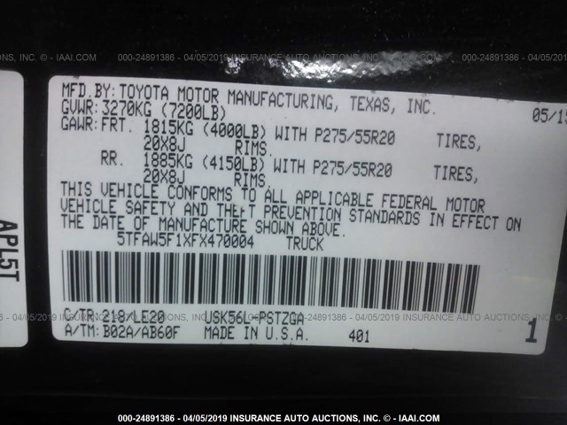 5TFAW5F1XFX470004 - 2015 TOYOTA TUNDRA CREWMAX 1794/PLATINUM 黑色 照片 9