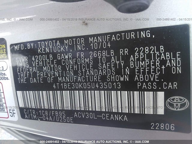 4T1BE30K05U435013 - 2005 TOYOTA CAMRY LE/XLE/SE SILVER photo 9