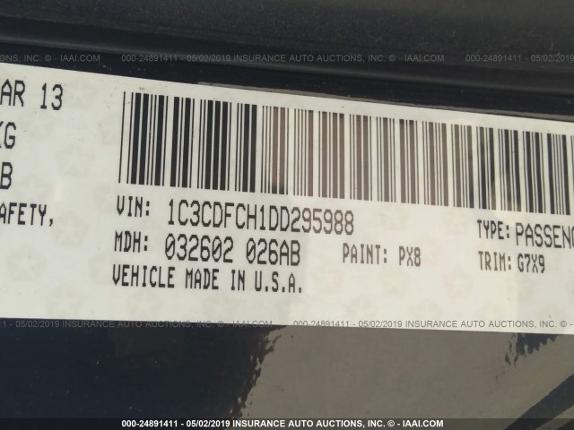 1C3CDFCH1DD295988 - 2013 DODGE DART BLACK photo 9