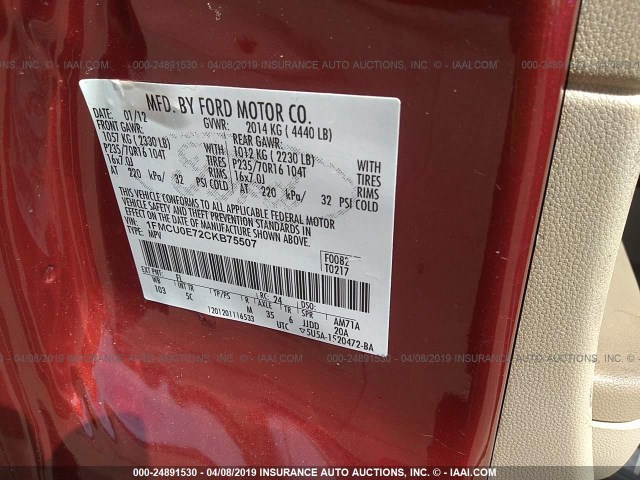 1FMCU0E72CKB75507 - 2012 FORD ESCAPE LIMITED RED photo 9