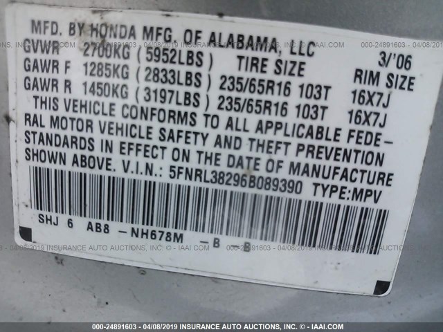 5FNRL38296B089390 - 2006 HONDA ODYSSEY LX Champagne photo 9