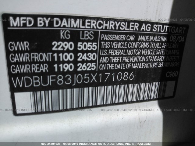 WDBUF83J05X171086 - 2005 MERCEDES-BENZ E 500 4MATIC 白色 照片 9