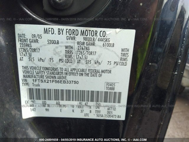 1FTSX21P56EB33750 - 2006 FORD F250 SUPER DUTY BLACK photo 9