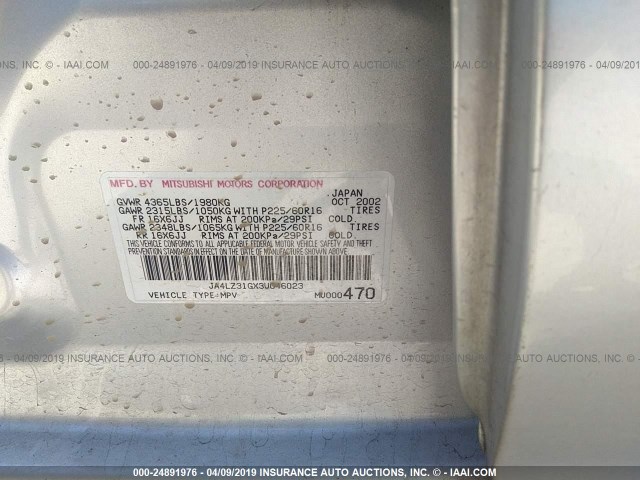 JA4LZ31GX3U046023 - 2003 MITSUBISHI OUTLANDER LS SILVER photo 9