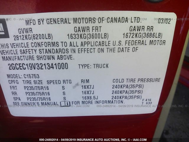 2GCEC19V321341000 - 2002 CHEVROLET SILVERADO C1500 RED photo 9