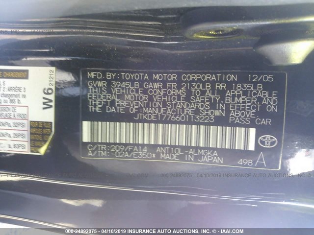 JTKDE177660113223 - 2006 TOYOTA SCION TC BLACK photo 9