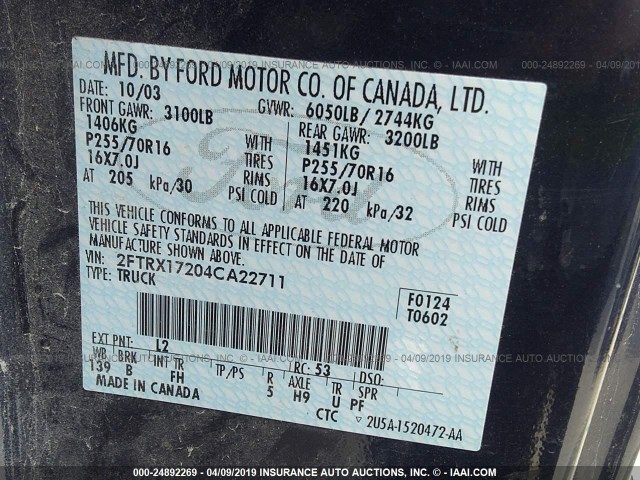 2FTRX17204CA22711 - 2004 FORD F-150 HERITAGE CLASSIC BLUE photo 9