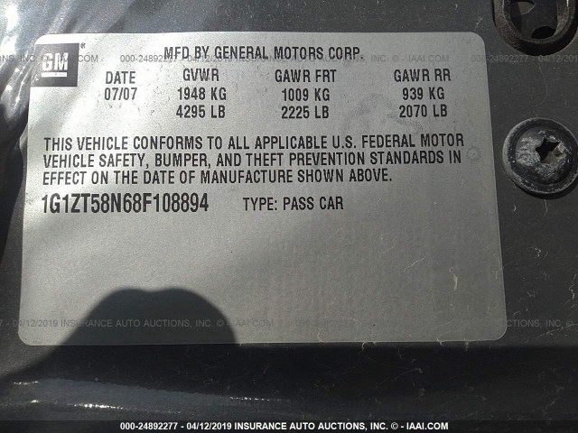 1G1ZT58N68F108894 - 2008 CHEVROLET MALIBU LT/CLASSIC GRAY photo 9