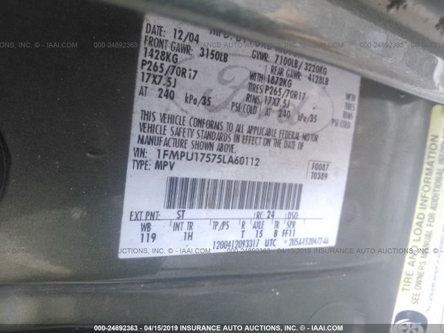 1FMPU17575LA60112 - 2005 FORD EXPEDITION EDDIE BAUER GRAY photo 9