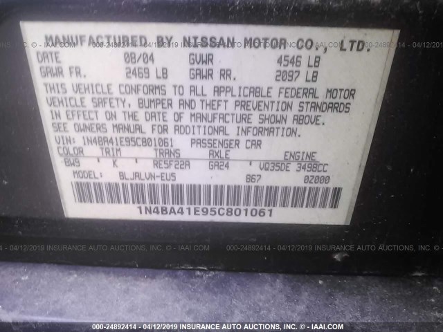 1N4BA41E95C801061 - 2005 NISSAN MAXIMA SE/SL BLUE photo 9