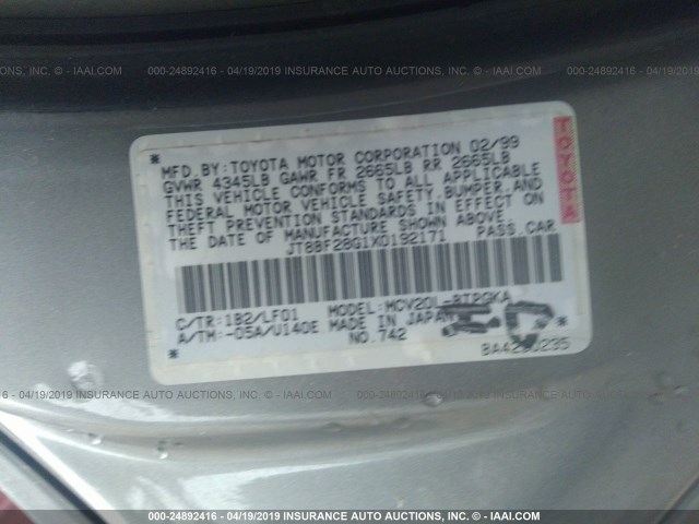 JT8BF28G1X0192171 - 1999 LEXUS ES 300 SILVER photo 9