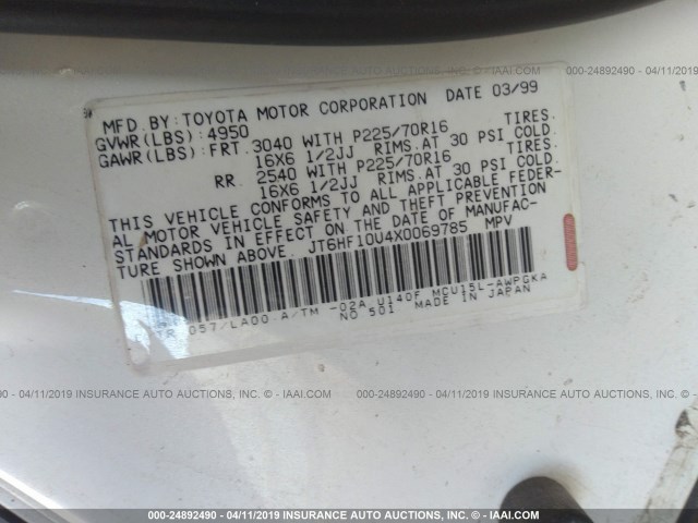 JT6HF10U4X0069785 - 1999 LEXUS RX 300 WHITE photo 9