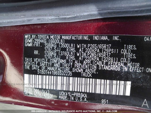 5TBDT44196S532235 - 2006 TOYOTA TUNDRA DOUBLE CAB SR5 RED photo 9