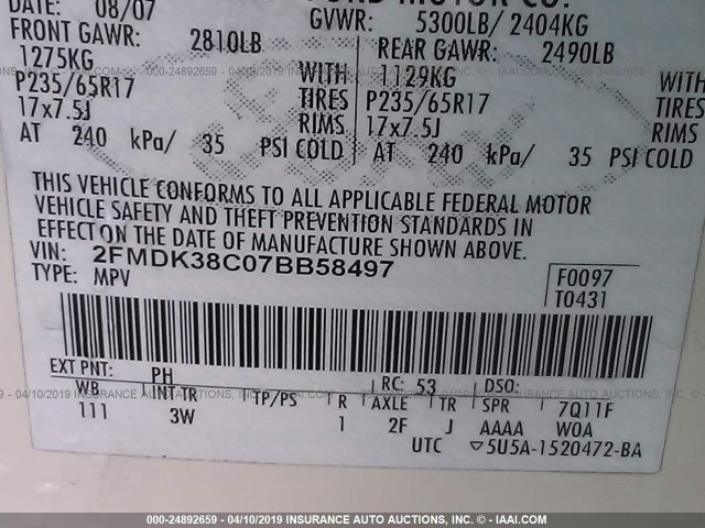 2FMDK38C07BB58497 - 2007 FORD EDGE SEL WHITE photo 9