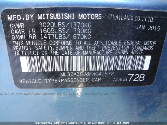 ML32A3HJ8FH041672 - 2015 MITSUBISHI MIRAGE DE BLUE photo 9