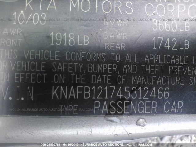 KNAFB121745312466 - 2004 KIA SPECTRA LS Pewter photo 9