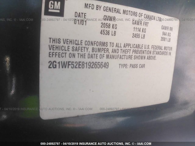 2G1WF52E819265649 - 2001 CHEVROLET IMPALA GREEN photo 9